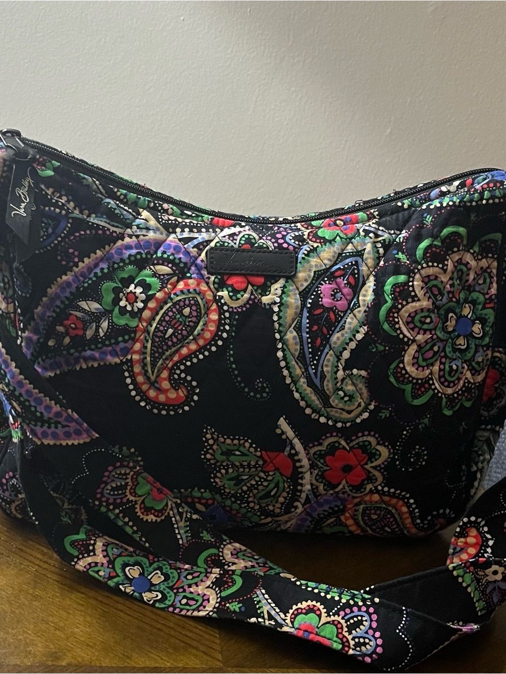 Vera Bradley Black Quilted Paisley Shoulder Bag with Multicolor Floral Accents